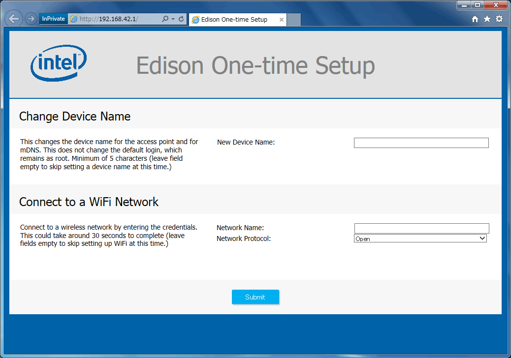 「Edison One-time Setup」ページのキャプチャー